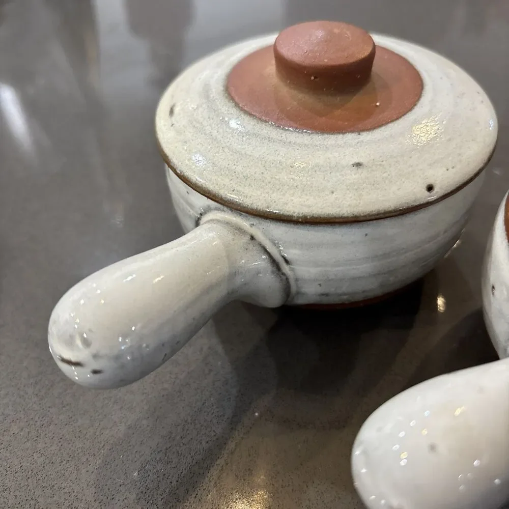 Set 2 Clay Pottery Covered Bean Pot Soup Bowl Crock Glazed Set 2 W Lids